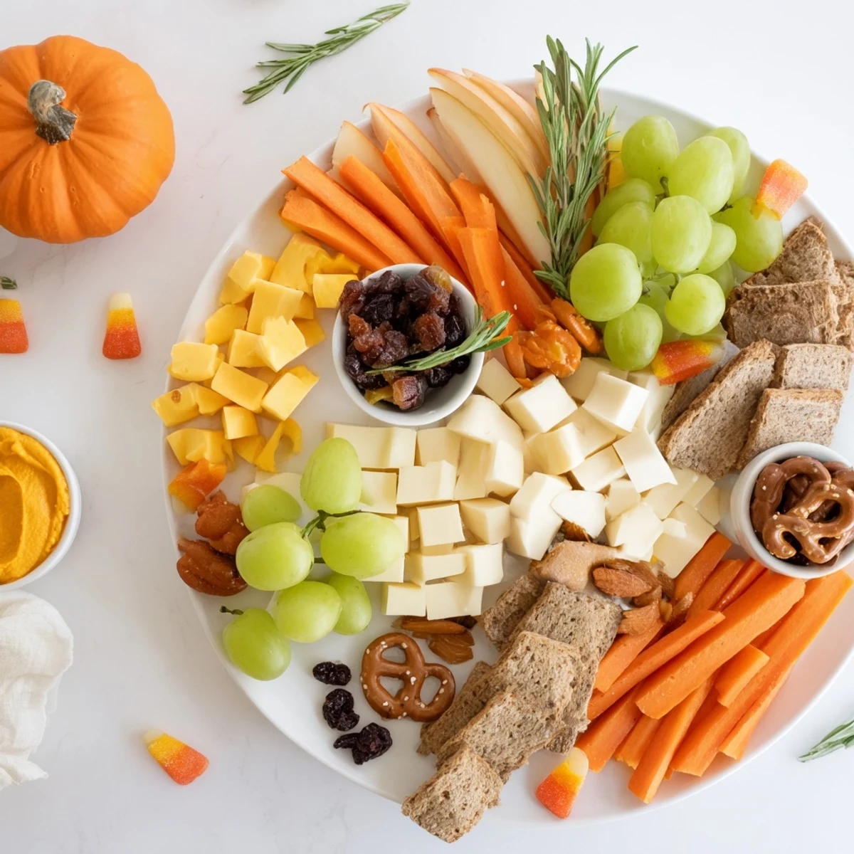 A stunning Pumpkin Patch Snack Board is artfully arranged with colorful fall treats.