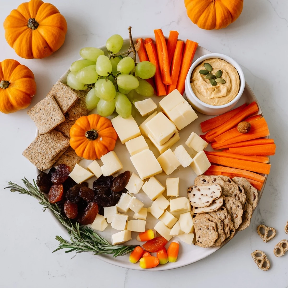 This fall-themed Pumpkin Patch Snack Board offers various cheeses, fruits, and tasty crackers.