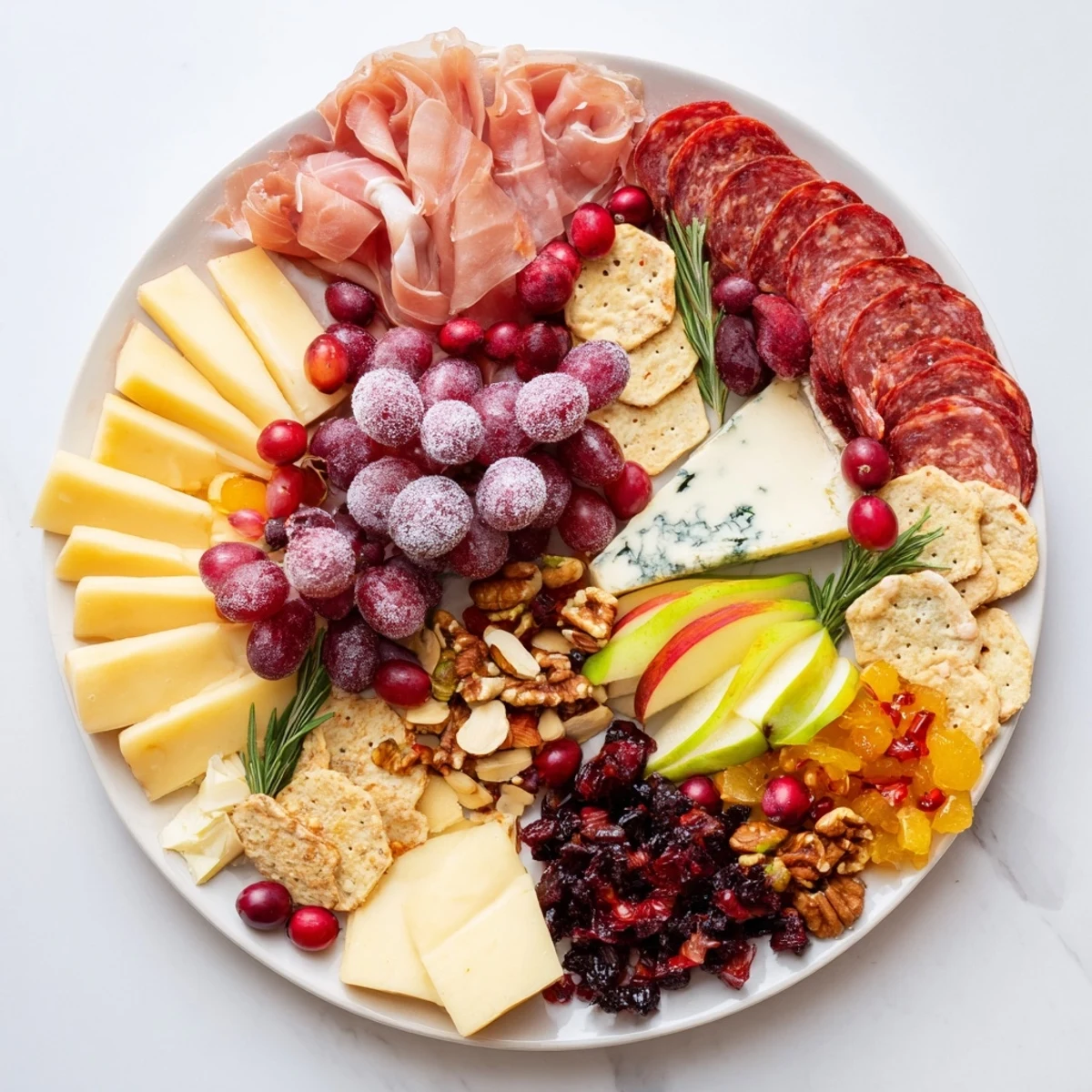 A beautifully arranged Sleigh Ride Charcuterie board with cheese, meats, and seasonal fruits, ready to serve.