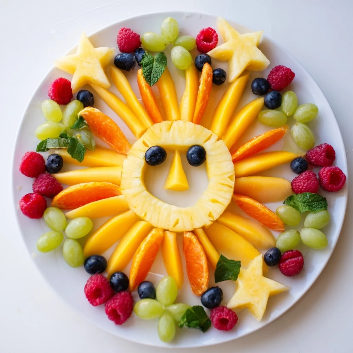 A detailed image of a Summer Rays Sun-Shaped Fruit Tray, ready for a refreshing summer snack with friends.