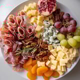 A close-up of a festive Sleigh Ride Charcuterie board with colorful fruits, crackers, and meats.