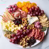 Gourmet close-up of a Sleigh Ride Charcuterie, brimming with savory meats, artisan cheese, and sweet treats.