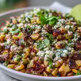 Creamy Mexican Street Corn Salad featuring smoky grilled corn, red peppers, and fresh cilantro—perfect for summer cookouts.  