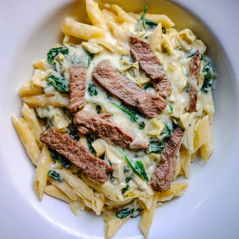 Steaming hot Steak & Spinach Artichoke Pasta Bake with melty mozzarella and juicy steak pieces.