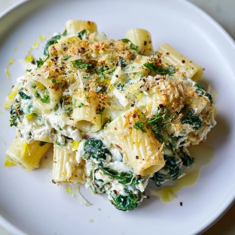 Golden, bubbly Whipped Ricotta & Spinach Baked Pasta, a cheesy delight perfect for a family meal.