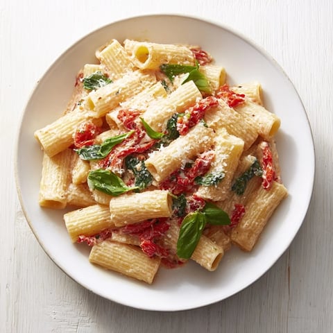 Close-up of Creamy Sun-Dried Tomato Spinach Cottage Cheese Pasta, garnished with fresh basil and Parmesan.