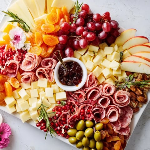 Festive Holiday Bow Appetizer Platter arranged attractively with fresh fruit, meats, cheeses, and nuts.
