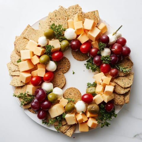 Jingle Bell Cheese & Cracker Wreath: a vibrant, festive appetizer wreath of cheeses, crackers, and colorful fresh garnishes.