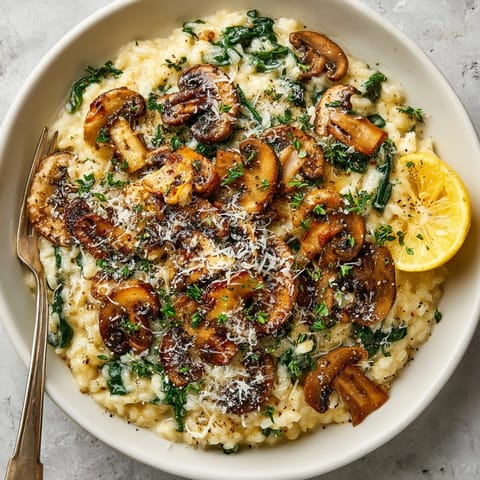 Lush, creamy mushroom and spinach risotto with golden mushrooms and fresh parsley on top.