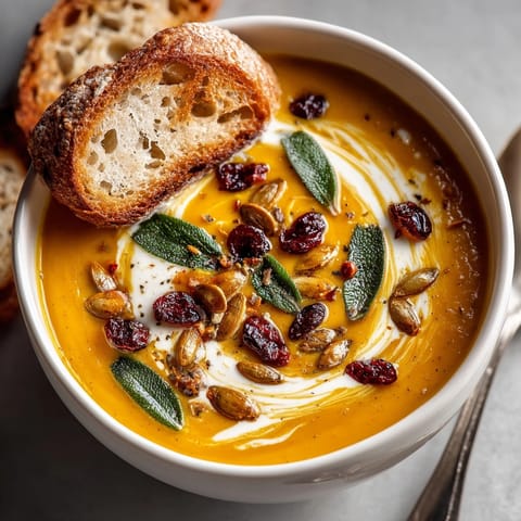 Creamy roasted butternut squash and apple soup served with crusty bread on a fall table.