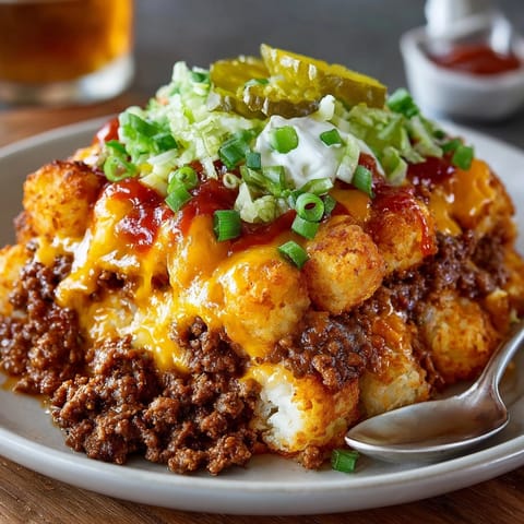 A bubbly, cheesy Cozy Cheeseburger Tater Skillet with crispy tater tots ready to be devoured.