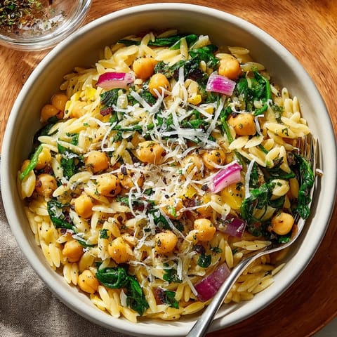This vibrant 15-Minute Lemon-Garlic Chickpea Risoni is a quick, bright pasta dish with spinach.