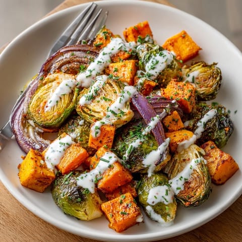 A sheet-pan dinner of Sheet-Pan Brussels & Sweet Potatoes, vibrant with ranch dressing.