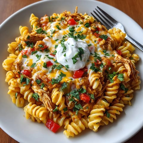 Steam rising: This One-Pot Creamy Chicken Enchilada Pasta boasts a rich, flavorful, and cheesy sauce.
