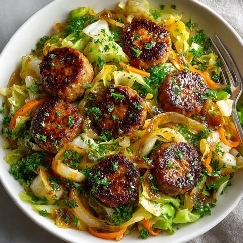 A close-up of the flavorful 20-Minute Maple-Mustard Sausage & Cabbage Skillet, coated in a delicious, sweet glaze.