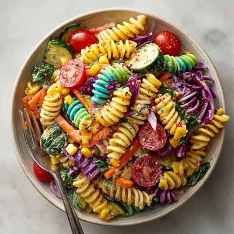 A close-up of the delicious Chaos Cake-Inspired Rainbow Pasta Salad, with pasta shapes and garden-fresh ingredients.