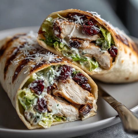 Freshly grilled Cherry Balsamic Chicken Caesar Wraps showcasing juicy chicken, cherry sauce, and crisp lettuce filling.