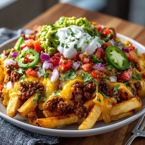 Imagine these Loaded Nacho Fries, a savory symphony of taco beef and melted cheese in a dish.
