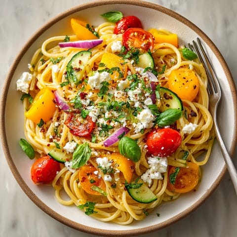 A vibrant close-up of Cold Brew Pasta tossed with bright vegetables, ready to enjoy.