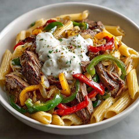 Tantalizing photo of Philly Cheesesteak Pasta; tender steak and peppers swimming in creamy sauce.