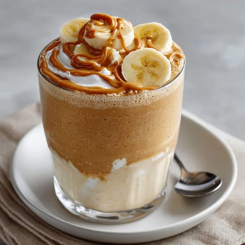 Closeup of creamy peanut butter banana smoothie blending ripe bananas and nut butter, served cold for breakfast.