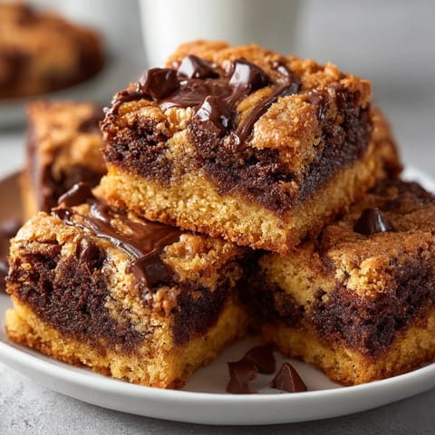 Homemade chocolate peanut butter blondies cooling in pan, golden edges and glossy chocolate chips visible.