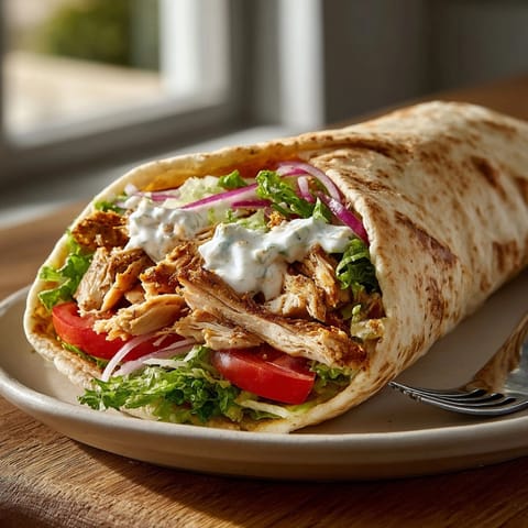 Sliced Chicken Shawarma topped with fresh tomatoes, onions, and savory yogurt sauce on pita.
