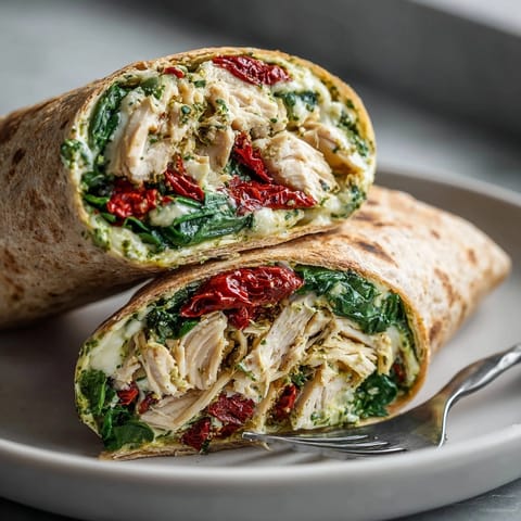 Closeup of warm Chicken Pesto Wraps grilled to golden perfection and served with fresh spinach garnish.