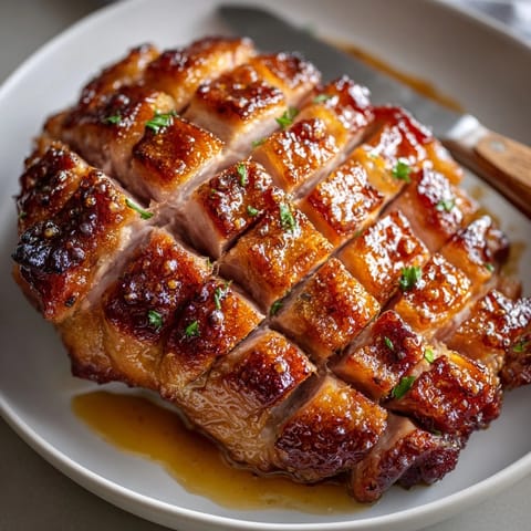 Deliciously baked Maple Bourbon Glazed Ham, carved and ready to serve for a holiday feast.