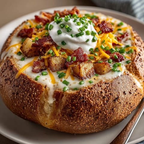 Warm up with Loaded Baked Potato Soup served in a hearty bread bowl.