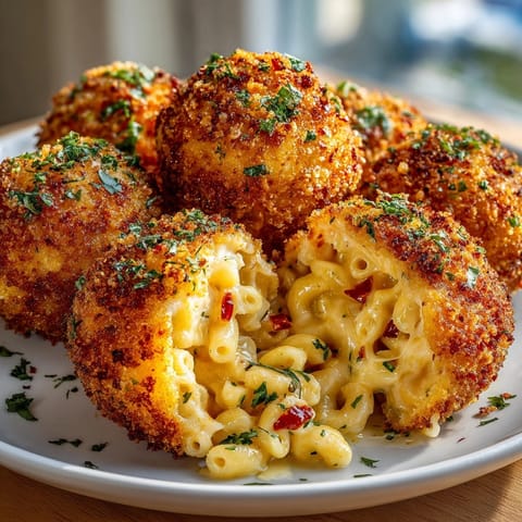 Irresistible fried mac & cheese balls, still warm, offer a cheesy, melty surprise.