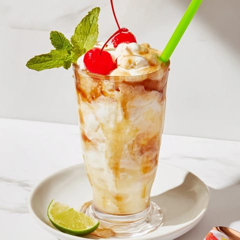 Tall glass of fizzy Malibu Sprite Float; cold, creamy treat ready to enjoy.