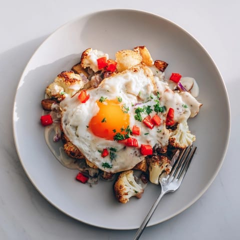 Creamy Alfredo Cauliflower Breakfast Hash with crispy roasted potatoes, peppers, and sunny-side-up eggs.