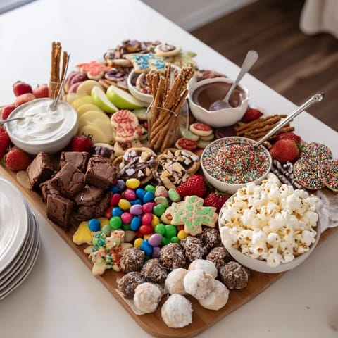 Festive dessert boards featuring assorted sweet treats and indulgent chocolate dips.  