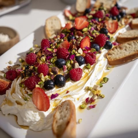 Creamy butter board dessert featuring whipped cream cheese and colorful fresh berries.  