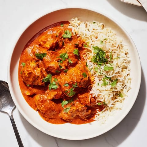 A bowl of rich butter chicken and fluffy rice pilaf, garnished with fresh cilantro.  