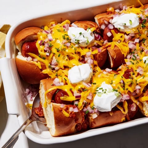 Delicious Chili Dog Casserole topped with melted cheese and fresh chives, perfect for dinner.  
