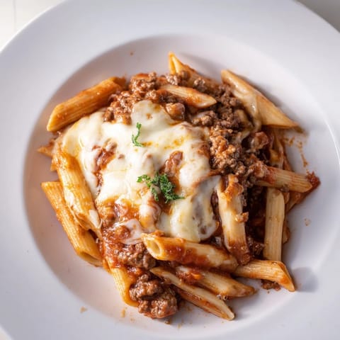 A close-up of a steaming hot Cheesy Beef & Penne Bake, showing the tender pasta and browned cheese.
