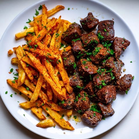 Golden, perfectly fried potatoes accompany the spicy, seared Blackened Cajun Steak Bites, a delicious combo.