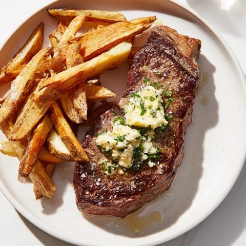 Sizzling Steakhouse Garlic Butter Steak & Fries, showcasing a perfectly cooked steak alongside golden, crispy fries.