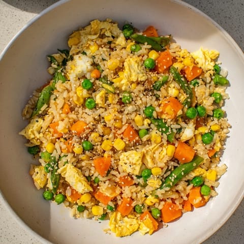 A close-up view of flavorful Frozen Veggie Fried Rice, garnished with green onions and sesame seeds.