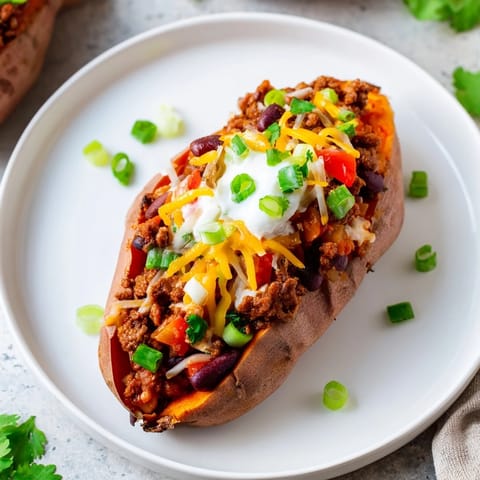 Savory Baked Sweet Potato Stuffed with Chili, offering a rich, robust aroma of spices.