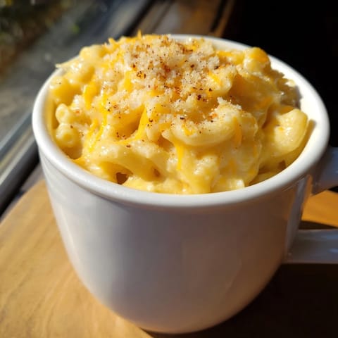 A close-up of a creamy Mug Mac & Cheese, perfect for a quick and easy lunch.