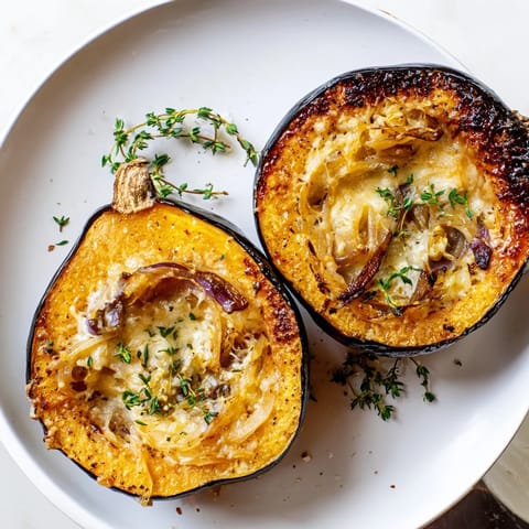 Golden-topped Caramelized Onion Gruyere Squash overflowing with savory onions, a delicious main course.