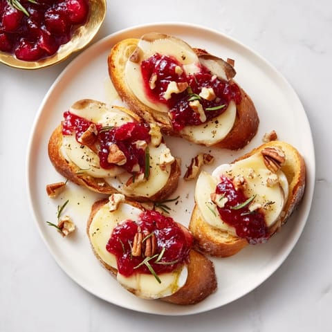 Crispy baguette slices showcasing creamy Brie and vibrant cranberry sauce make delicious Quick Cranberry Brie Crostini.