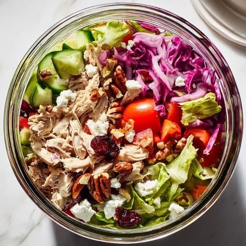 A vibrant view of Layered Holiday Chopped Chicken Salad Jar, featuring tender chicken and festive cranberries.