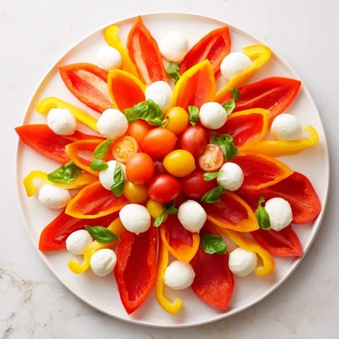 Vibrant Festive Poinsettia Platter appetizer beautifully arranged with red peppers, mozzarella, and dips, ready to serve.