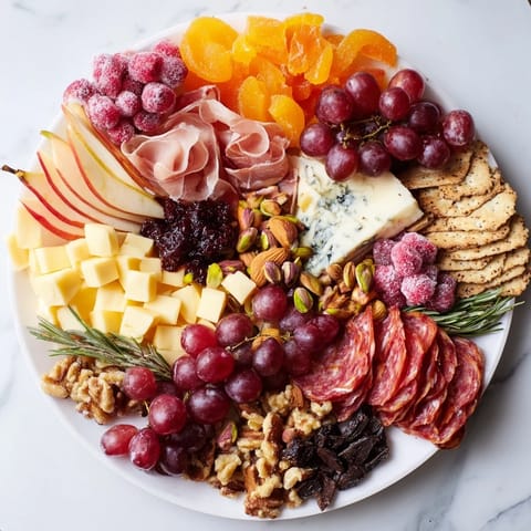 Gourmet close-up of a Sleigh Ride Charcuterie, brimming with savory meats, artisan cheese, and sweet treats.