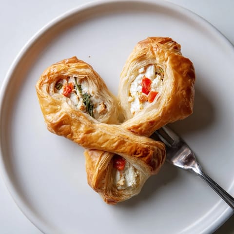 Valentine's Day Cœurs Entrelacés: A close-up view of elegant, baked puff pastry hearts brimming with delicious filling.