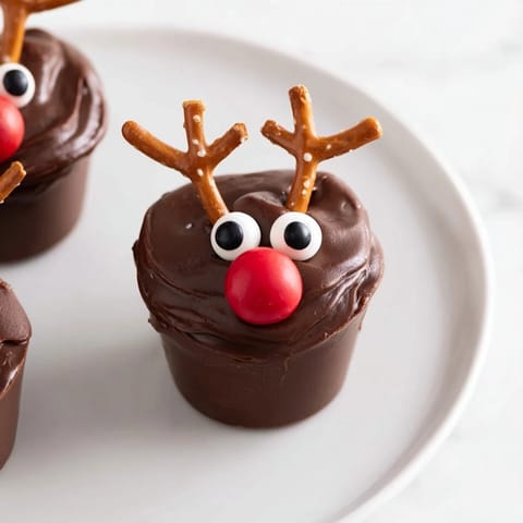 Festive Chocolate Reindeer Pudding Cups on a dessert board offer a delicious and visually appealing holiday dessert.